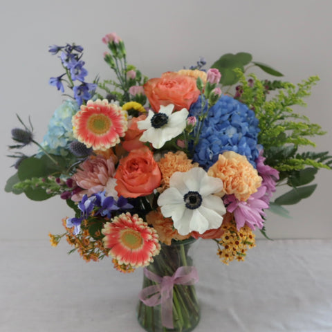 Blue hydrangeas with Roses